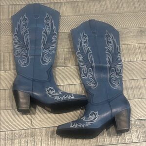 Stylish Blue Embroidered Heeled Boots